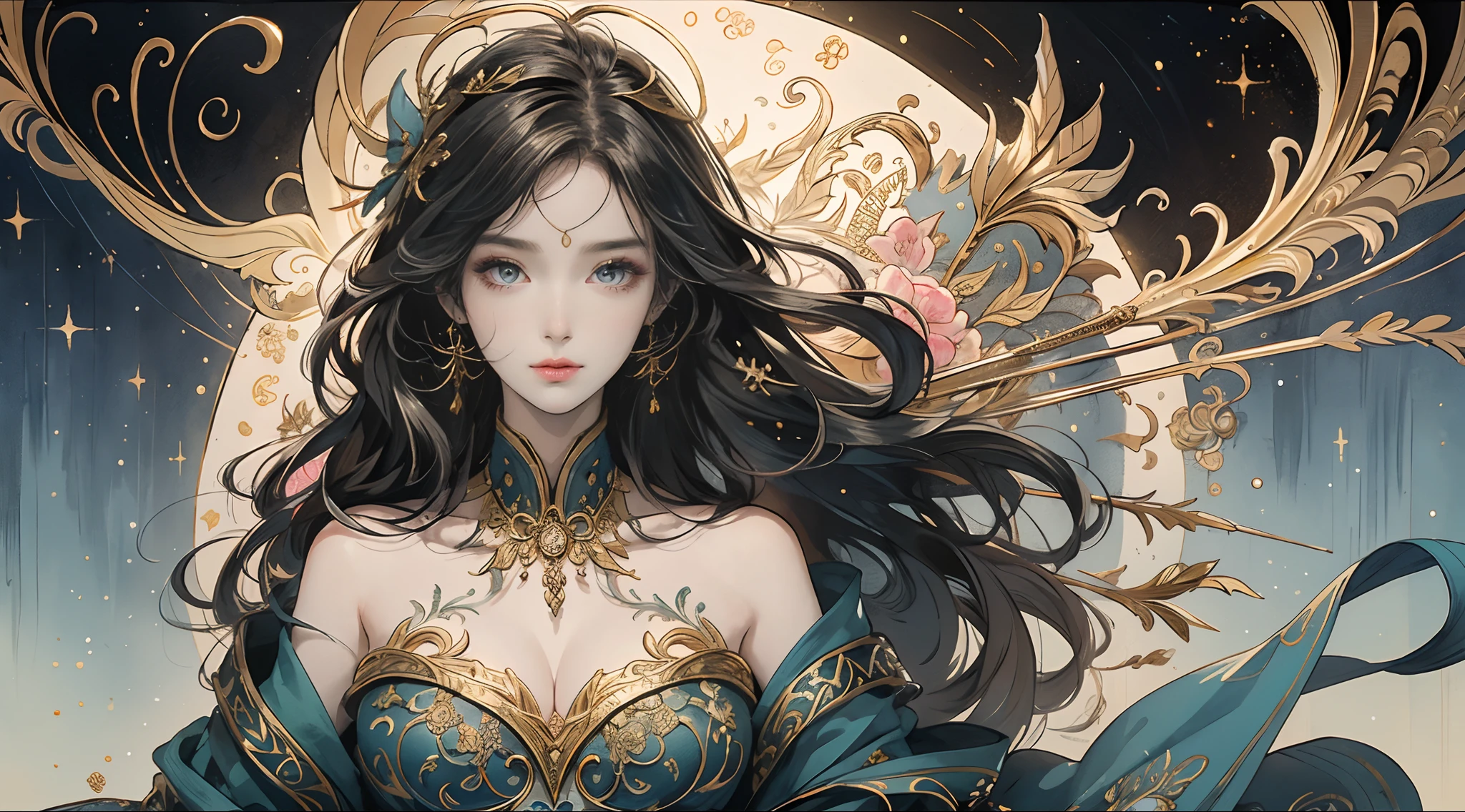 (tmasterpiece,top Quority,best qualtiy,offcial art,Beautiful and aesthetic:1.2),(1girll),Extremely detailed,Colorful,highestdetailed,offcial art,统一 8k 壁纸,ultra - detailed,Beautiful and aesthetic,big breasts beautiful,tmasterpiece,best qualtiy,(zentangle,datura,Tangles,entangled),holy rays,gold foil,Gold leaf art,glitter drawing,PerfectNwsjMajic,Right eyes,Bright pupils,(Half 1.2),Look down from above