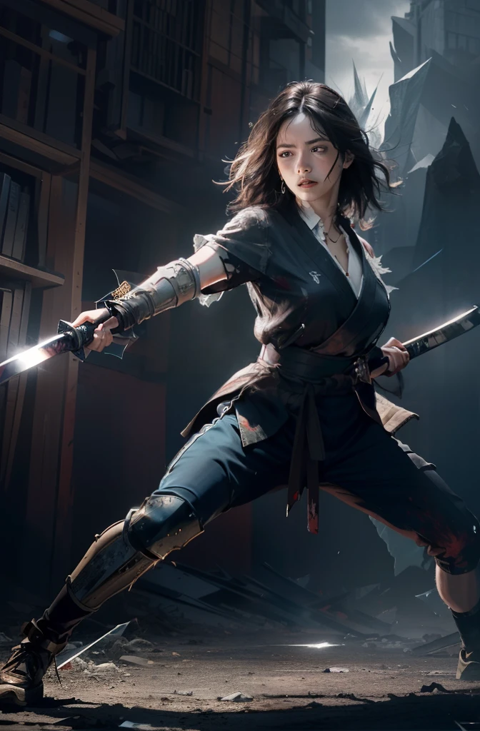 Epic CG masterpiece, hdr,dtm, full ha,8K, ultra detailed graphic tension, dynamic poses, stunning colors, 3D rendering, surrealism, cinematic lighting effects, realism, 00 renderer, super realistic, full - body photos, super vista, super wide Angle, HD(drawing a Long, super long katana,holding one Long, super long katana:1.5),
In a futuristic abandoned city, a girl with a huge mechanical arm is engaged in a fierce struggle with the enemy, Her name is Alita, a fighting angel from the future world, Her eyes are firm and resolute, showing the desire for victory, high-definition picture, real effect, hyper-realistic portraits, xiaofei yue, uniformly staged images, flat yet expressive, goth
(shard of glass:1.6)A shot with tension(Visual impact,giving the poster a dynamic and visually striking appearance:1.2), (glaring:1.4), red ribbon,(Blood on face:1.2), (full body:1.5),