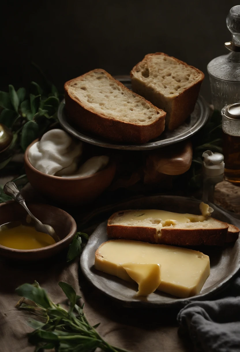 There was a small plate of butter on the table，A couple of loaves of bread, A bottle of olive oil， fork，Garnish with a little green leaves，high quality food photography, styled food photography, food styling, professional food photography, close up food photography, Food photography, Ingredients on the table, food commercial 4 k，Dark still life photography，