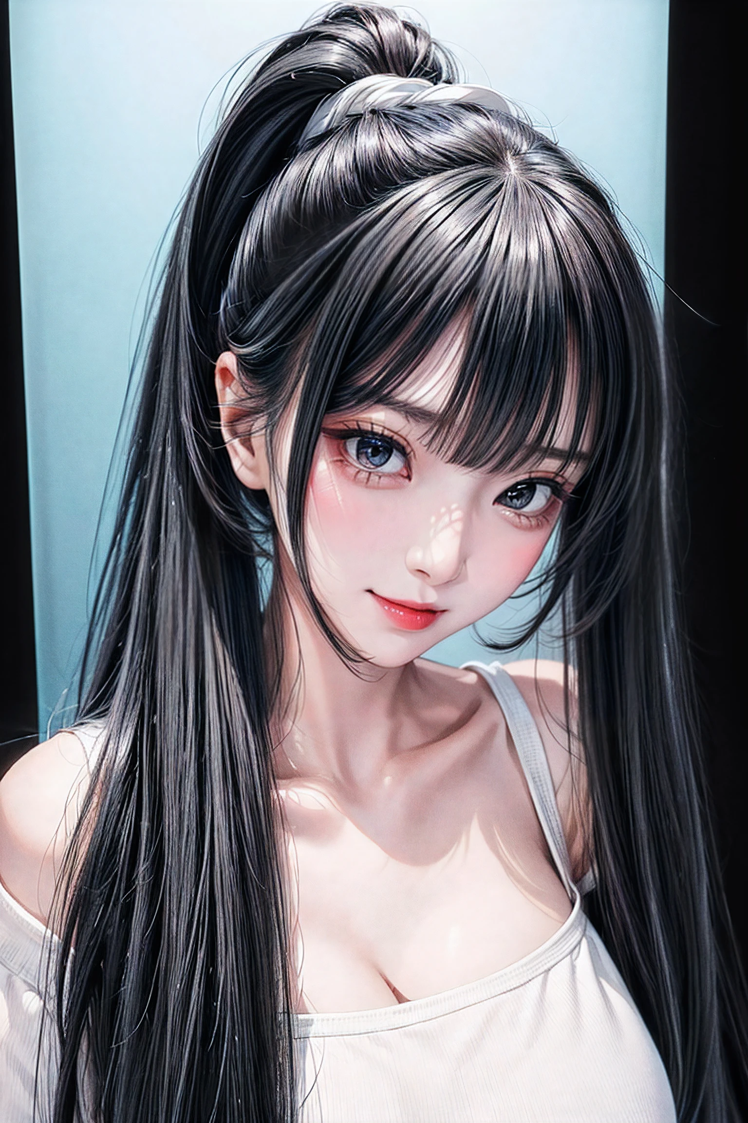 ((High Ponytail:1.5)),(((Blunt bangs,Straight bangs:1.1))),(((Very long black hair, Ridiculously long black hair:1.1))),Simple White Background, white shirt,cleavage, collarbone,off shoulders,bra strap, Black hair,blue eyes, blunt bangs, Long hair, 1 girl, 20yo,Young female,Beautiful Finger,Beautiful long legs,Beautiful body, Beautiful Nose,Beautiful character design, perfect eyes, perfect face,expressive eyes,perfect balance, looking at viewer,(Focus on her face),closed mouth, (innocent_big_eyes:1.0),(Light_Smile:0.3), official art,extremely detailed CG unity 8k wallpaper, perfect lighting,Colorful, Bright_Front_face_Lighting,White skin, (masterpiece:1.0),(best_quality:1.0), ultra high res,4K,ultra-detailed, photography, 8K, HDR, highres, absurdres:1.2, Kodak portra 400, film grain, blurry background, bokeh:1.2, lens flare, (vibrant_color:1.2),professional photograph, (Beautiful,large_Breasts:1.4), (beautiful_face:1.5),(narrow_waist),