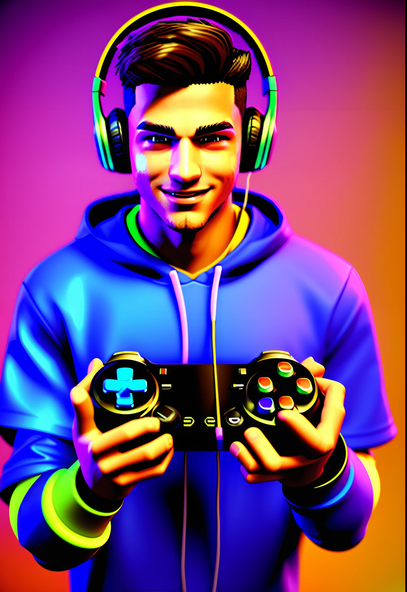 gamer young man, wearing headphones, with gamepad, with a playful and cheerful look, Character 3D Colorful, colors, UItra, 3D render, 16K, --q 5 --ar 7:4