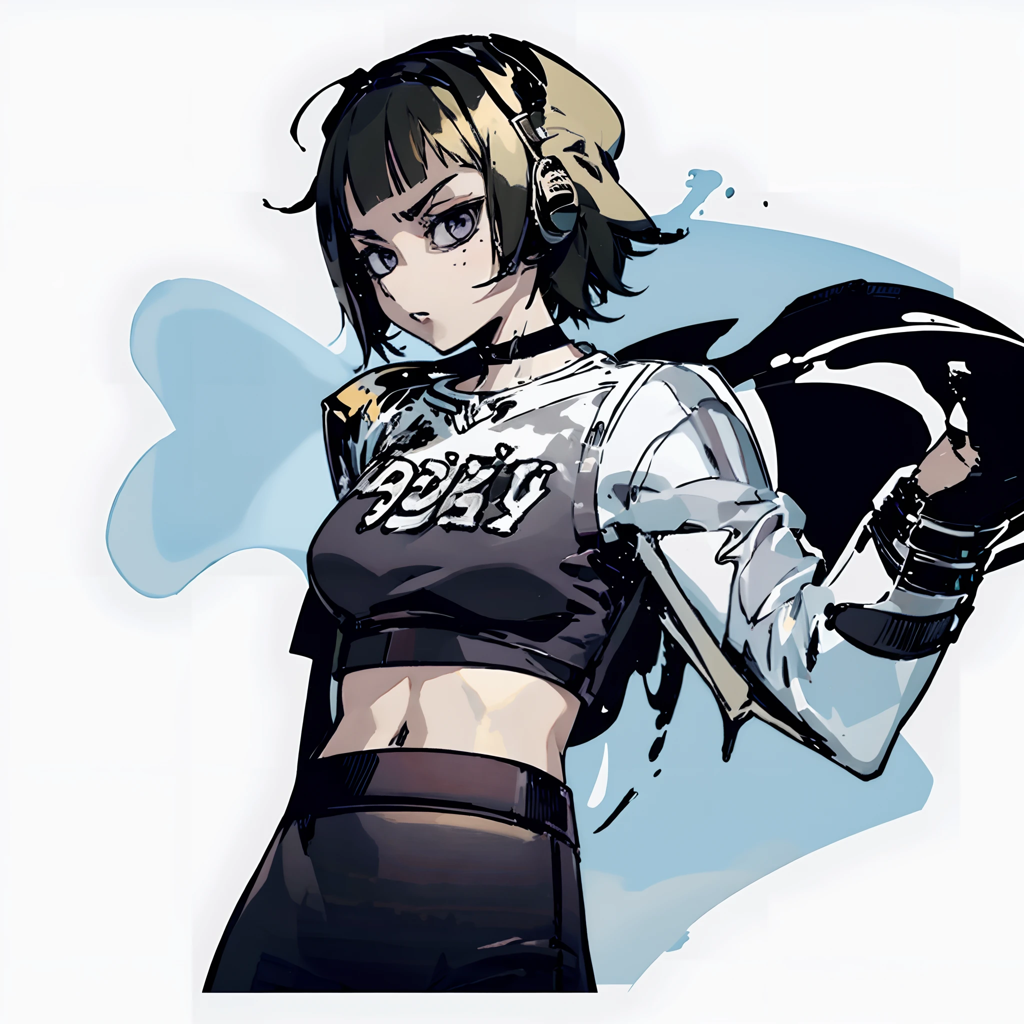 Anime illustration of a young supermodel with a toned physique, Tomboyish,White shirt with tie,Black trousers, Messy short and medium hair, key visual, , solid color backdrop,Clean colors,white backgrounid,No other color