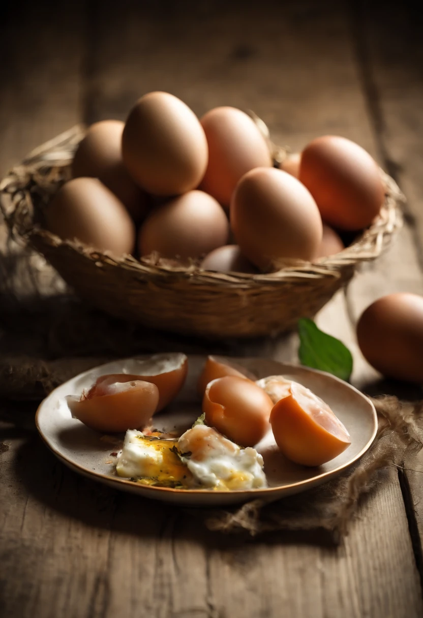 There are eggs on the table，grapes，tomato，There is ham on the cutting board，Verdure，rich composition，There are also seasoning bottles on the table，Still life photography，professional food photography，Abundant food