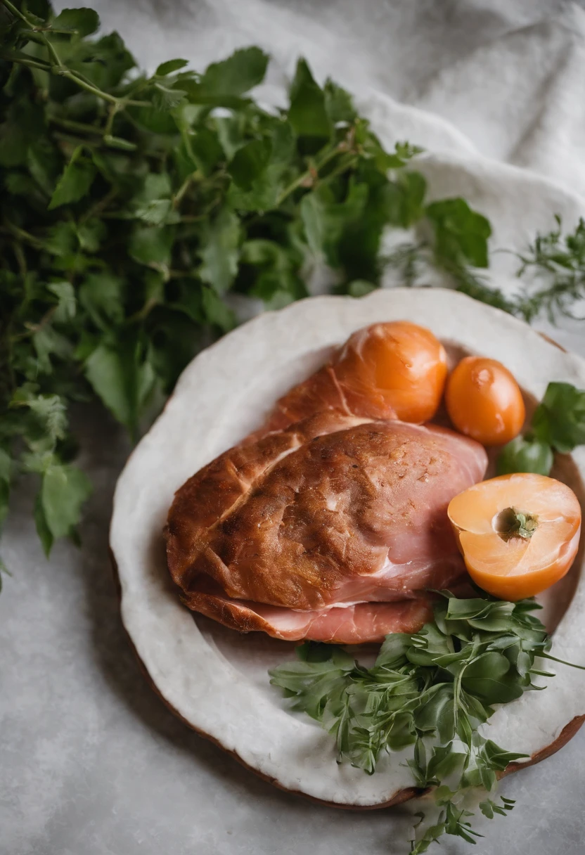 There are eggs on the table，grapes，tomato，There is ham on the cutting board，Verdure，rich composition，There are also seasoning bottles on the table，Still life photography，professional food photography，Abundant food