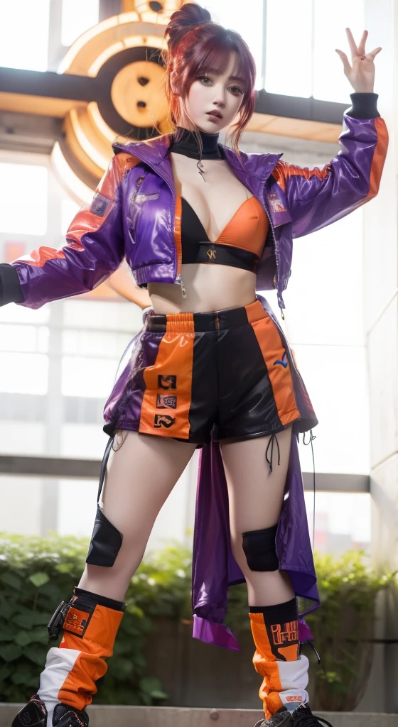 Shorts、Young woman in cyberpunk fashion、Good Style、Red-haired、、、Idol face、large full breasts、cyberpunk jackets、Purple and orange costume
