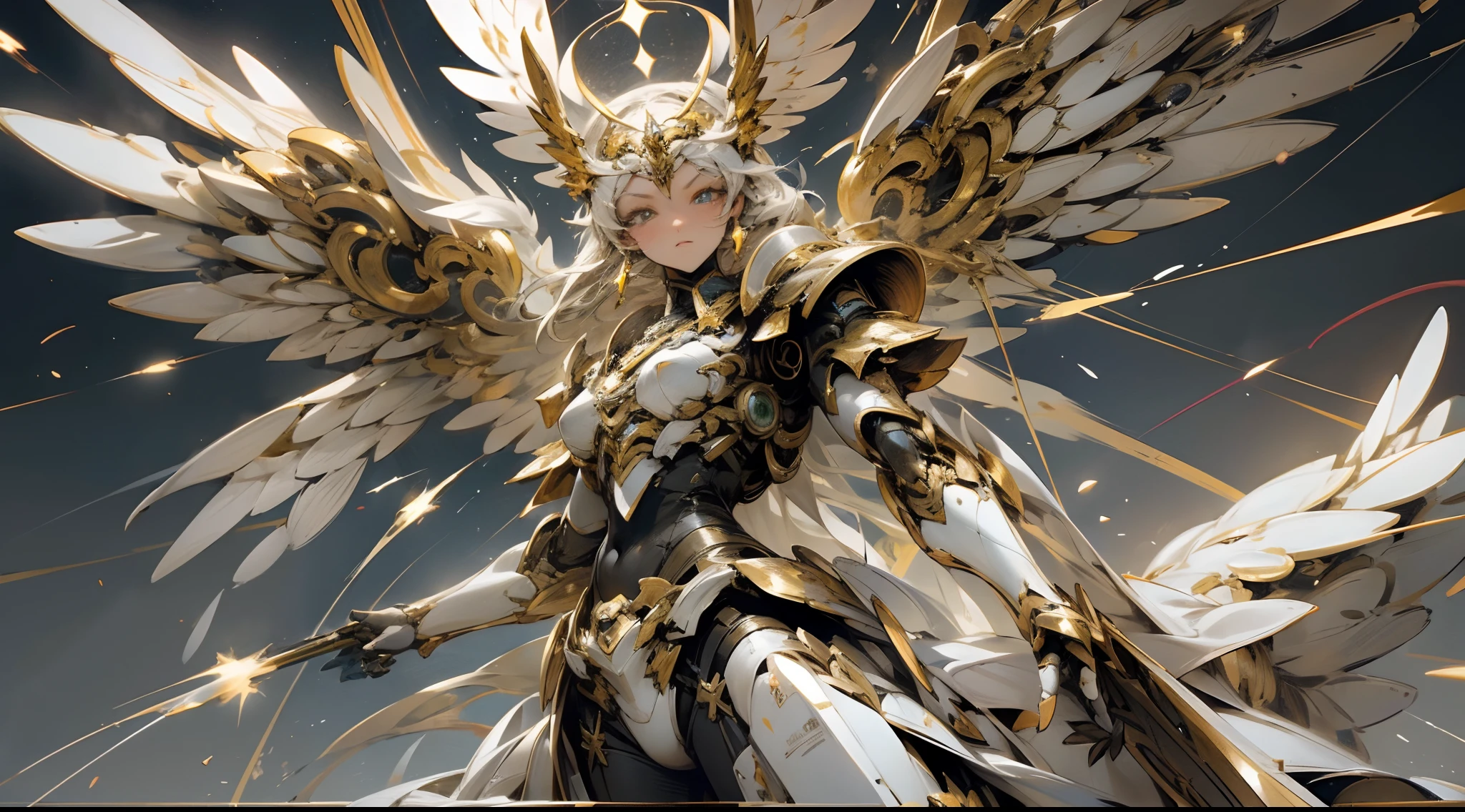 Create a stunning image of a celestial Mech Angel in mid-flight, engaged in an epic battle pose. Capture the intricate details of the angelic armor, the glow of energy wings, and the intense determination in its eyes as it confronts a formidable adversary. This artwork should exude a sense of power, grace, and a harmonious blend of technology and divinity. Let your creativity soar as you envision this magnificent Mech Angel in the heat of celestial combat.