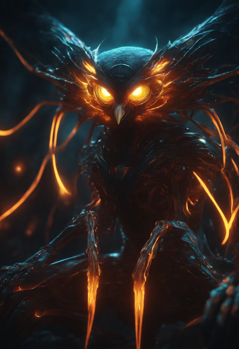 glowing light eyes, Biomechanical, eerie, Creepy, nightmarish, Very bright colors, Light particles, with light glowing, Mshiff, wallpaper art, UHD wallpaper