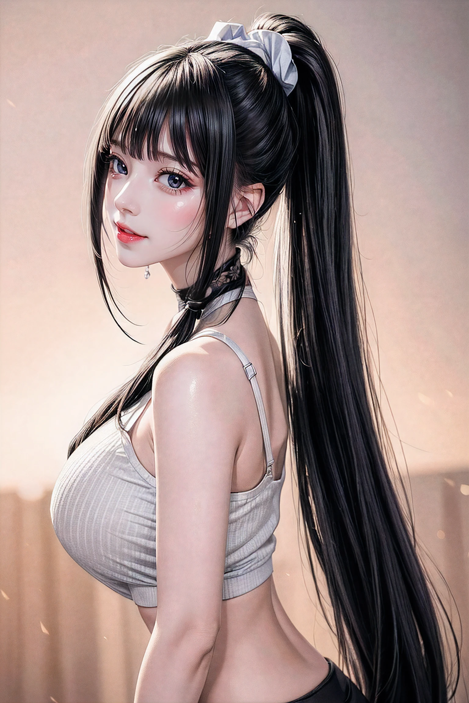 ((High Ponytail:1.5)),(((Blunt bangs,Straight bangs:1.1))),(((Very long black hair, Ridiculously long black hair:1.1))),Simple White Background, white shirt,cleavage, collarbone,off shoulders,bra strap, Black hair,blue eyes, blunt bangs, Long hair, 1 girl, 20yo,Young female,Beautiful Finger,Beautiful long legs,Beautiful body, Beautiful Nose,Beautiful character design, perfect eyes, perfect face,expressive eyes,perfect balance, looking at viewer,(Focus on her face),closed mouth, (innocent_big_eyes:1.0),(Light_Smile:0.3), official art,extremely detailed CG unity 8k wallpaper, perfect lighting,Colorful, Bright_Front_face_Lighting,White skin, (masterpiece:1.0),(best_quality:1.0), ultra high res,4K,ultra-detailed, photography, 8K, HDR, highres, absurdres:1.2, Kodak portra 400, film grain, blurry background, bokeh:1.2, lens flare, (vibrant_color:1.2),professional photograph, (Beautiful,large_Breasts:1.4), (beautiful_face:1.5),(narrow_waist),