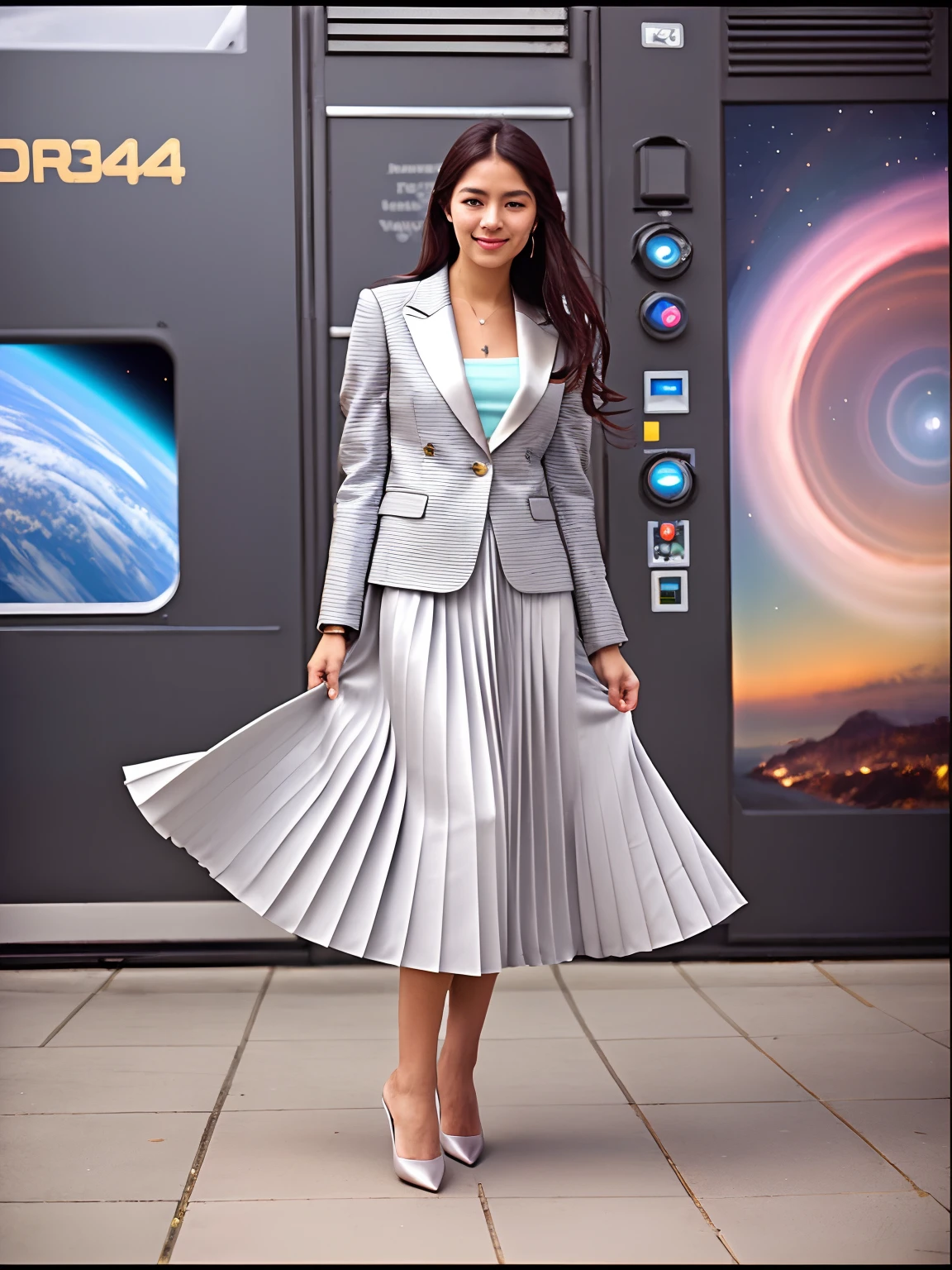 (shy:1,2) (smiling;1,1) woman playing with skirt, dancing, wearing short blazer and very very detailed (long (fully pleated) full circle skirt) and (simple) low heeled office shoes, very very intricate hyper-detailed symmetric (attractive graceful young feminine face) with (sad, tired eyes and a shy smile), large breasts, full of empathy and compassion and love, (pronounced (feminine) features), (highly detailed ultra accurate realistic) hands and fingers, (windy conditions and wind blowing), epic composition, highly detailed attributes, highly detailed space station background, (35mm f1.4 Kodak portra 400 photograph), extremely high quality RAW photograph,