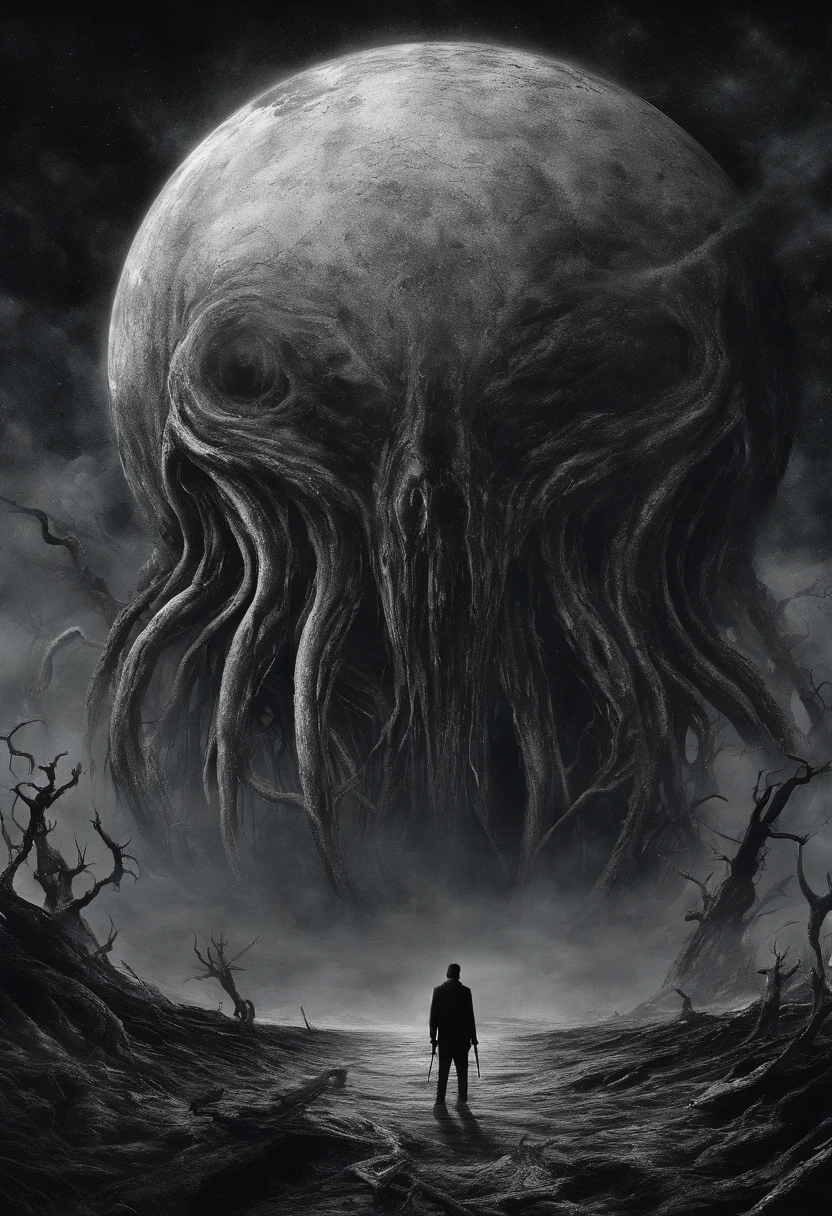 There is a planet in the middle, Tentacles of the universe, Lovecraft's inspiration, Lovecraft's Cosmic Fear, Lovecraft's Hellscape, Fantasy and space horror films, Lovecraft-inspired atmosphere, lovecraftian, Planet in open space, Countless small red eyes glowing、