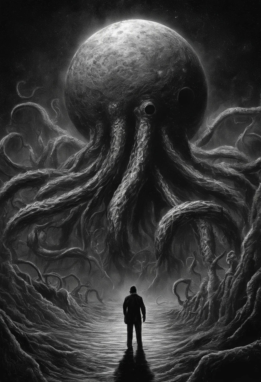 There is a planet in the middle, Tentacles of the universe, Lovecraft's inspiration, Lovecraft's Cosmic Fear, Lovecraft's Hellscape, Fantasy and space horror films, Lovecraft-inspired atmosphere, lovecraftian, Planet in open space, Countless small red eyes glowing、