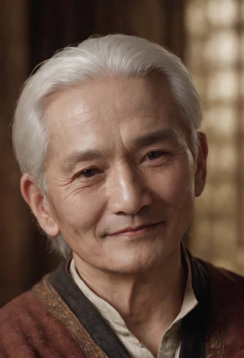 An old man sitting upright,Chinese men,ssmile,Short white hair of the spirit,Medium-sized eyes,The upper part of the body,Bookshelf background,Pipe in hand,Portrait photography style,tmasterpiece,Ultra-unique to engage in professional digital art,Film Washington,Hyper-realistic,photore,Supernatural skin texture,Detailed facial features,8K,Character scale 1:1.5