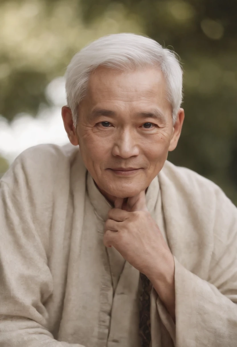 An old man sitting upright,Chinese men,ssmile,Short white hair of the spirit,Medium-sized eyes,The upper part of the body,Bookshelf background,Pipe in hand,Portrait photography style,tmasterpiece,Ultra-unique to engage in professional digital art,Film Washington,Hyper-realistic,photore,Supernatural skin texture,Detailed facial features,8K,Character scale 1:1.5
