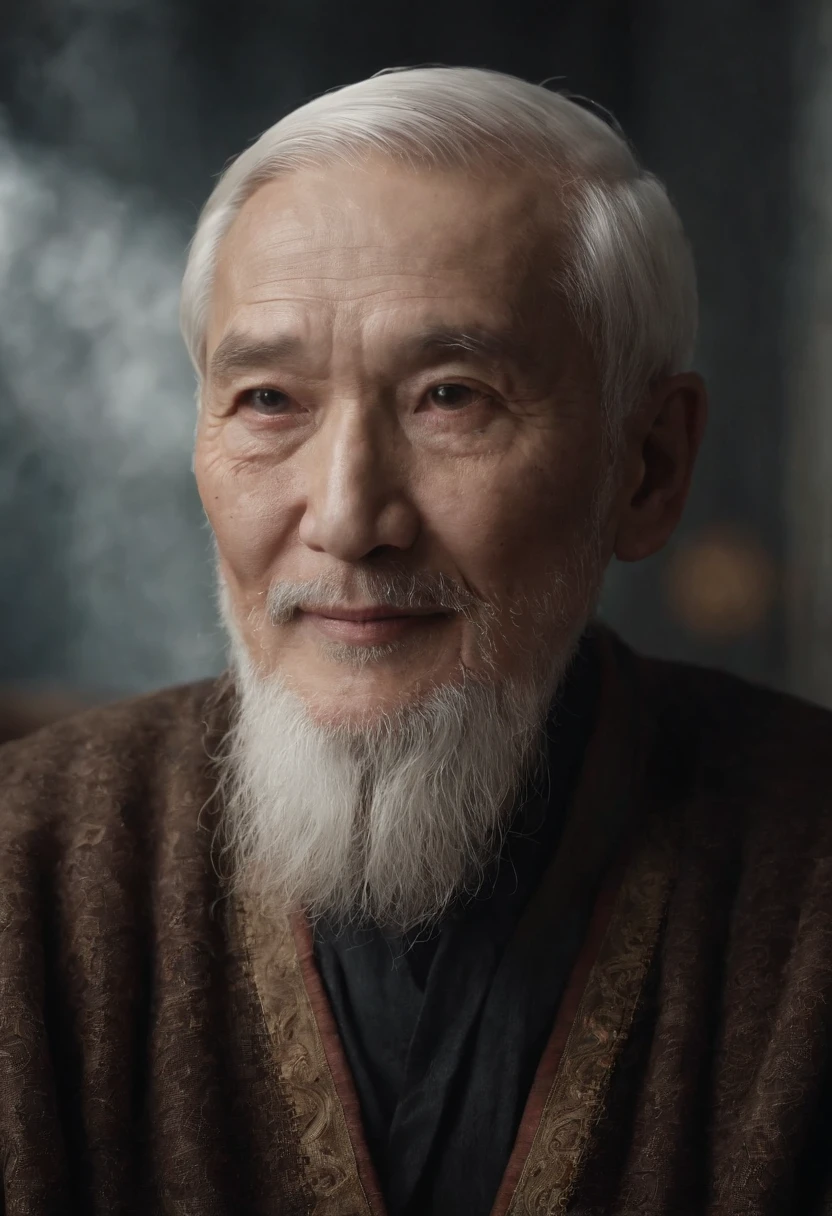 An old man sitting upright,Chinese men,ssmile,Short white hair of the spirit,Medium-sized eyes,The upper part of the body,Bookshelf background,Pipe in hand,Portrait photography style,tmasterpiece,Ultra-unique to engage in professional digital art,Film Washington,Hyper-realistic,photore,Supernatural skin texture,Detailed facial features,8K,Character scale 1:1.5