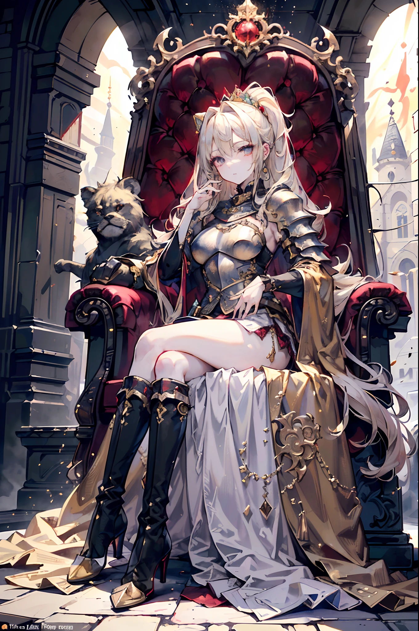 (Official art、Best Quality、Unity 8k Wallpapers、32K、​masterpiece、ultra-detailliert、超A high resolution、The best illustrations、Very ridiculous:1.2)、(Cinematic lighting:1.2)、There is only one queen、Fireglow effect、film grains、Best Shadows、Rim lighting、side lights、(Ultra-detailed and complex 3D rendering)、Detailed beautiful face and eyes、Sharp pupils、Realistic pupils、A slender、１Man Woman、Medium bust、(Full body:1.2)、 beauitful face、beauty of 30 years old、(super detailed skin、detailed skin textures:1.3)、(platinum-blonde:1.3)、A queen full of herself、Longhaire、Red colored eyes、poneyTail、(Black Color Armor、Black boots、Luxurious hair ornaments、Jeweled、Gold embroidery)、a miniskirt、(thighs thighs thighs thighs:0.8)、(in a castle、Luxurious throne、Premium Flag、Luxurious decoration、banners、Mystical、Particles of light、solemnity、Sunlight is、colourfull、Fantastical:1.2)、(Fantastical:1.3)、(To her left sits a lion、To her right stands a knight:1.3)、Fantastical、Gentle smile