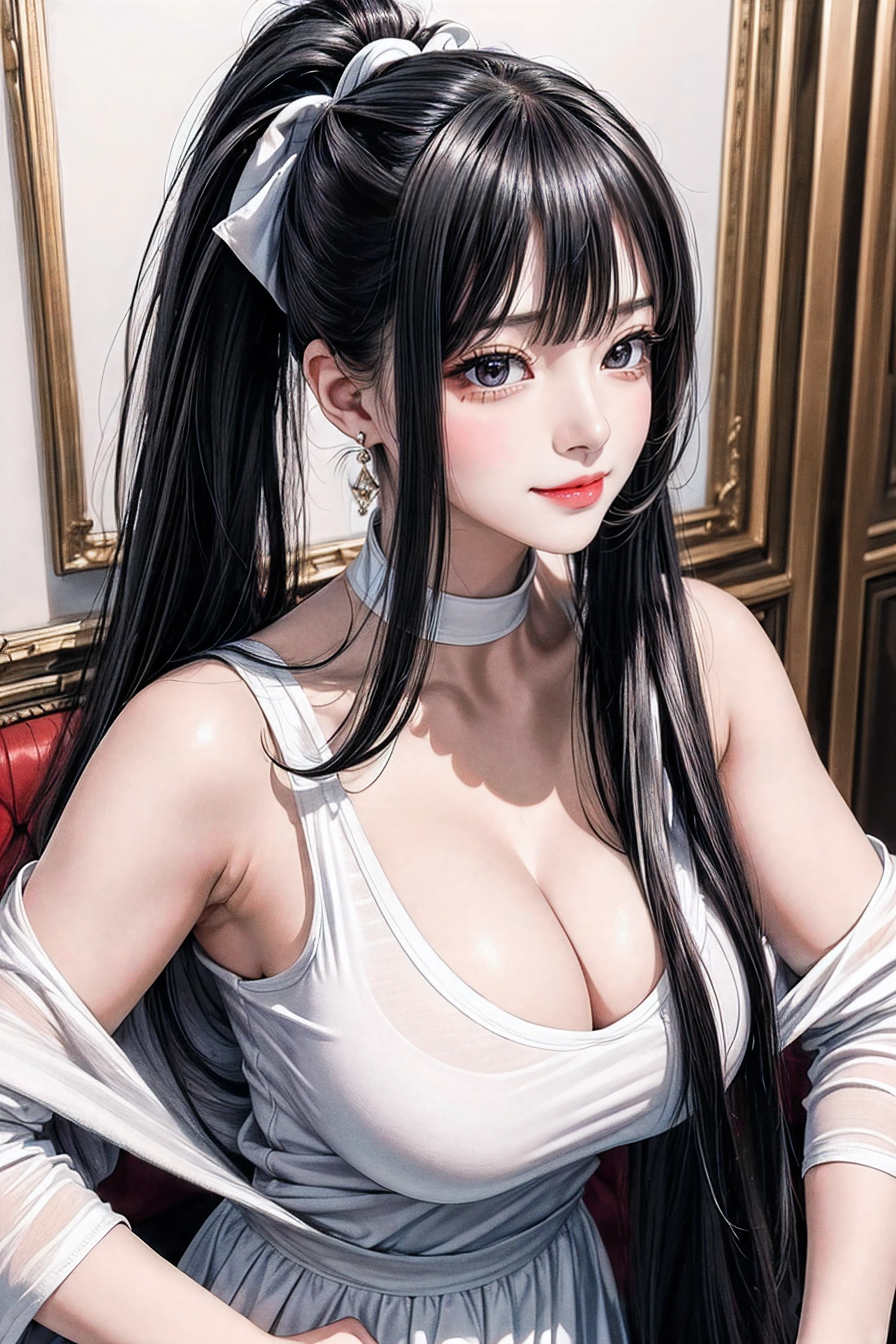 ((High Ponytail:1.5)),(((Blunt bangs,Straight bangs:1.1))),(((Very long black hair, Ridiculously long black hair:1.1))),Simple White Background, white shirt,cleavage, collarbone,off shoulders,bra strap, Black hair,blue eyes, blunt bangs, Long hair, 1 girl, 20yo,Young female,Beautiful Finger,Beautiful long legs,Beautiful body, Beautiful Nose,Beautiful character design, perfect eyes, perfect face,expressive eyes,perfect balance, looking at viewer,(Focus on her face),closed mouth, (innocent_big_eyes:1.0),(Light_Smile:0.3), official art,extremely detailed CG unity 8k wallpaper, perfect lighting,Colorful, Bright_Front_face_Lighting,White skin, (masterpiece:1.0),(best_quality:1.0), ultra high res,4K,ultra-detailed, photography, 8K, HDR, highres, absurdres:1.2, Kodak portra 400, film grain, blurry background, bokeh:1.2, lens flare, (vibrant_color:1.2),professional photograph, (Beautiful,large_Breasts:1.4), (beautiful_face:1.5),(narrow_waist),