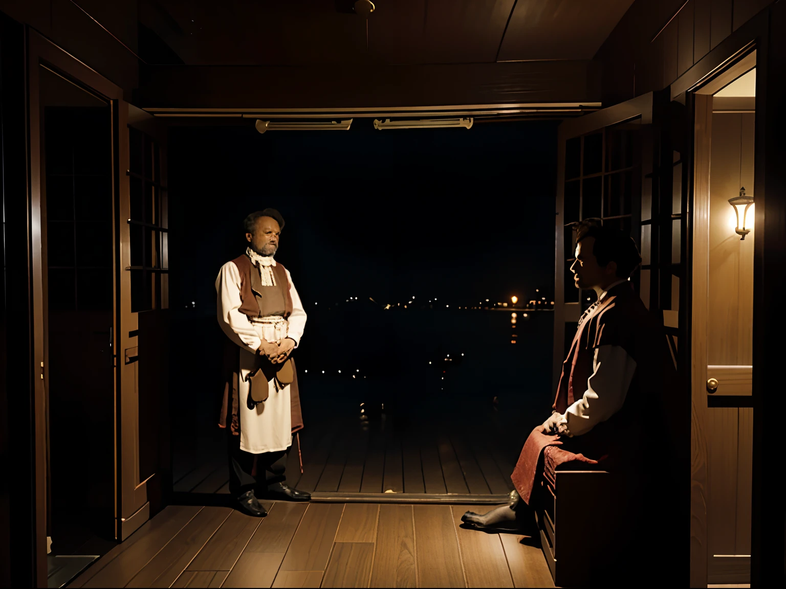 a slaves are waiting for the master come back ,in the house ,at night