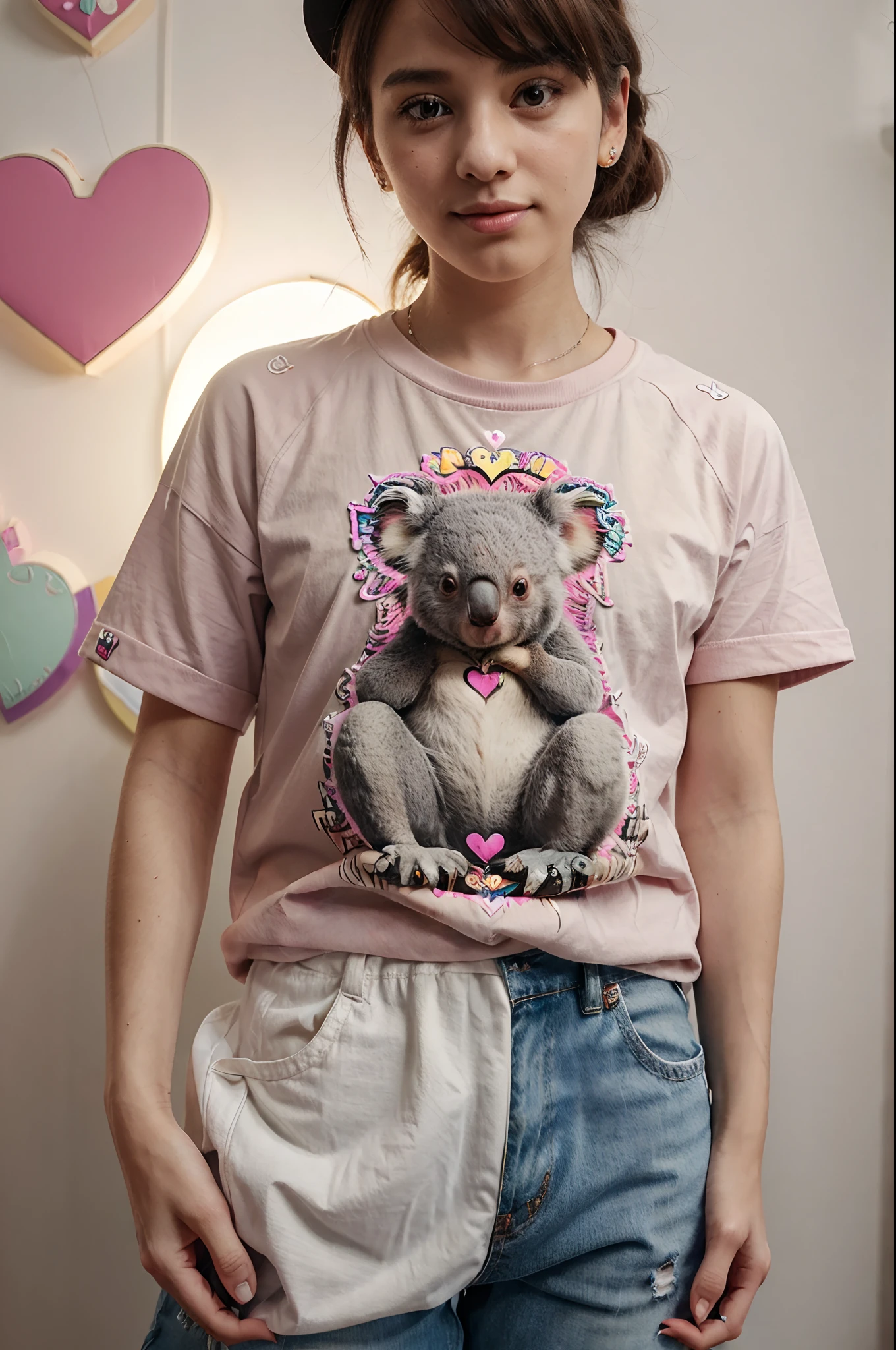 The cute koala with fashionable style, pose with lovely, handling a love sign, cute, adorable, colorful, intricated detailed, very detailed, t-shirt design, logo, cute stickers, high quality