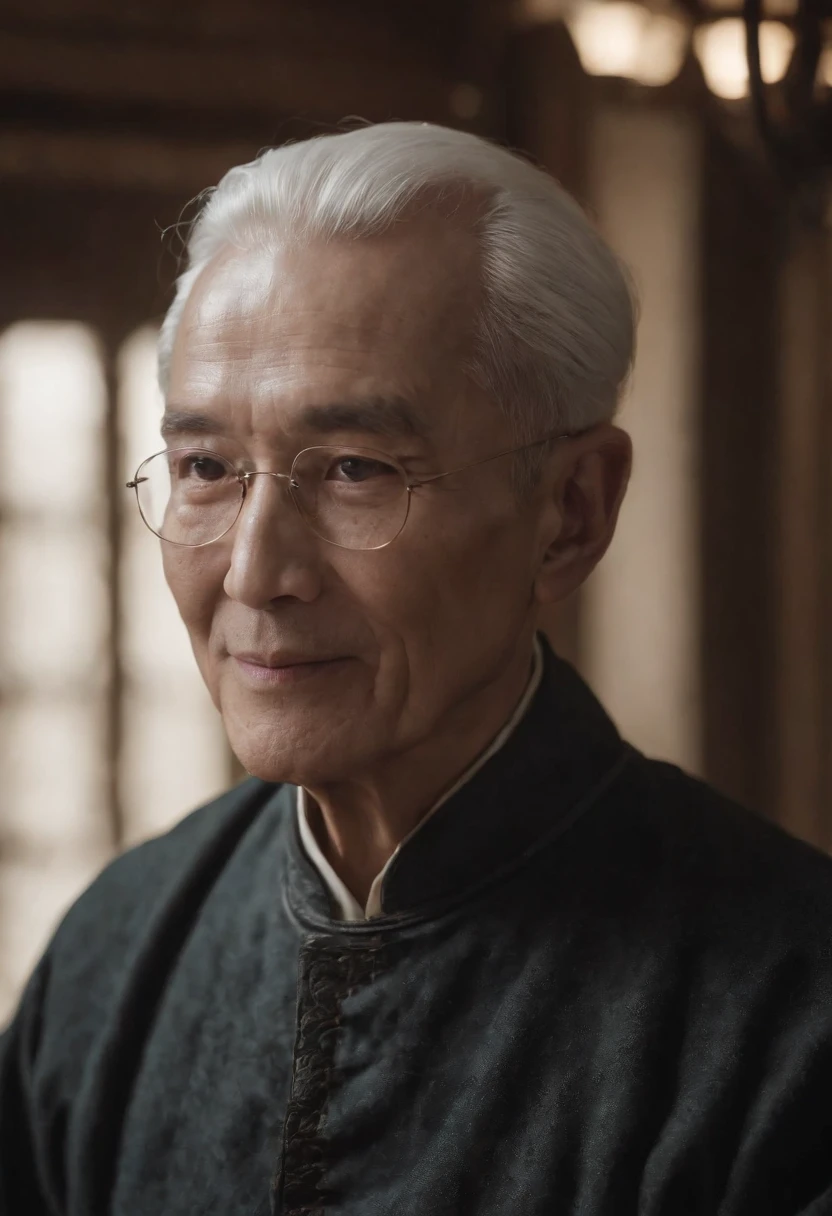 An old man sitting upright,Chinese men,ssmile,Short white hair of the spirit,Medium-sized eyes,The upper part of the body,Bookshelf background,Pipe in hand,Portrait photography style,tmasterpiece,Ultra-unique to engage in professional digital art,Film Washington,Hyper-realistic,photore,Supernatural skin texture,Detailed facial features,8K,Character scale 1:1.5