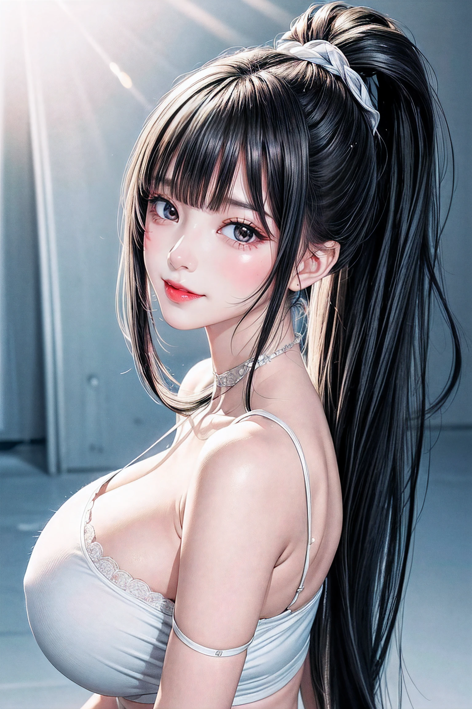 ((High Ponytail:1.5)),(((Blunt bangs,Straight bangs:1.1))),(((Very long black hair, Ridiculously long black hair:1.1))),Simple White Background, white shirt,cleavage, collarbone,off shoulders,bra strap, Black hair,blue eyes, blunt bangs, Long hair, 1 girl, 20yo,Young female,Beautiful Finger,Beautiful long legs,Beautiful body, Beautiful Nose,Beautiful character design, perfect eyes, perfect face,expressive eyes,perfect balance, looking at viewer,(Focus on her face),closed mouth, (innocent_big_eyes:1.0),(Light_Smile:0.3), official art,extremely detailed CG unity 8k wallpaper, perfect lighting,Colorful, Bright_Front_face_Lighting,White skin, (masterpiece:1.0),(best_quality:1.0), ultra high res,4K,ultra-detailed, photography, 8K, HDR, highres, absurdres:1.2, Kodak portra 400, film grain, blurry background, bokeh:1.2, lens flare, (vibrant_color:1.2),professional photograph, (Beautiful,large_Breasts:1.4), (beautiful_face:1.5),(narrow_waist),