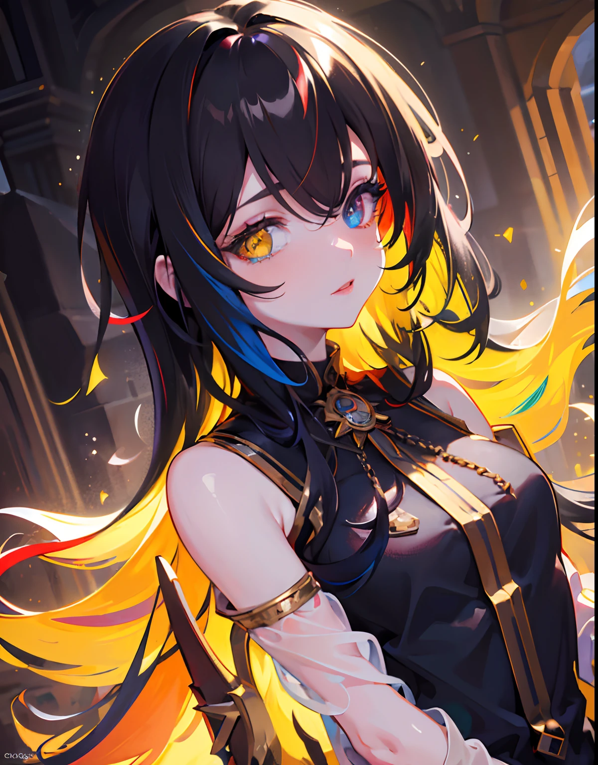{{masterpiece}}, best quality, extremely detailed CG unity 8k wallpaper, cinematic lighting, lens flare, beautiful detail eyes, black,  side glance,  multicolor hair, colorful light, particles, heterochromia, (colorful:1.5), (colorful hair:1.5),