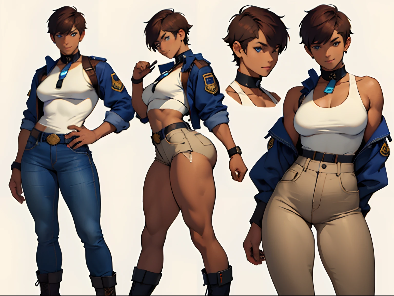 NSFW,masterpiece,top-quality,((character sheets,Same character,gauges,Lateral face,soles)),environment change scene,Pose too,(short Hairstyle with a single long bang on the left side of the face), brown hair, multicolored hair, Pose Jitai,Chartaran Betarola,(simple background、white backgrounid:1.3),illustratio,multi view, ((woman)), (wearing a white short tight top underneath a police jacket, bare belly, tight dark purple jeans, high heel boots), ((police badge hanging from neck)), full body, sexy girl, happy, smile, fit, sporty, pixie haircut, dark eyebrows, blue eyes,big smile, white skin, muscular, shoulders, toned, thick, ((thin waist)), (((thick thighs))), ((medium breasts)), cute, sexy, young woman, 20 years old