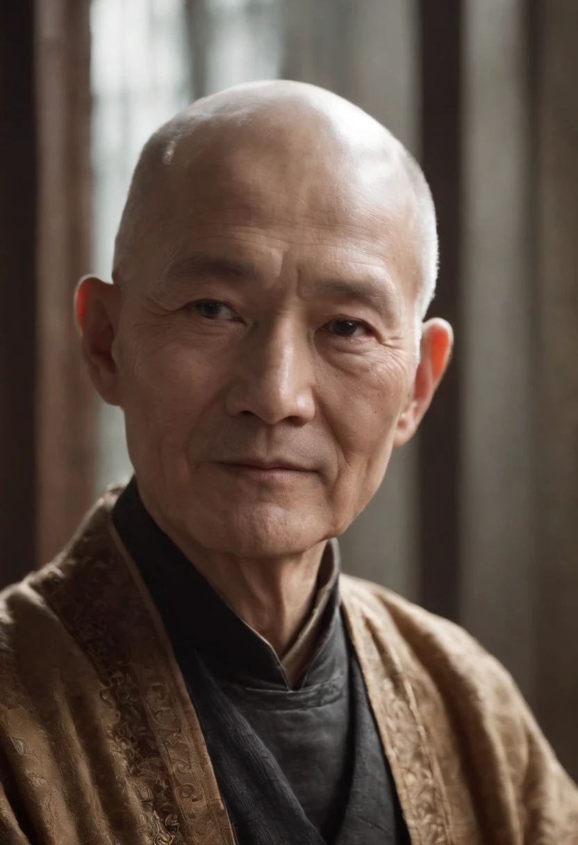 An old man sitting upright，Chinese men，ssmile，Short white hair of the spirit, bald，Medium-sized eyes，The upper part of the body，Bookshelf background，Pipe in hand，Portrait photography style，tmasterpiece，Ultra-unique to engage in professional digital art，Film Washington，Hyper-realistic，photore，Supernatural skin texture，Detailed facial features，8K，Character scale 1:1.5