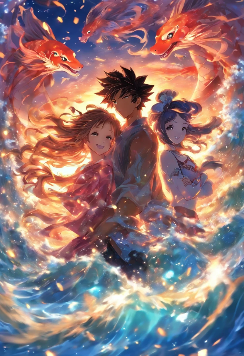 masutepiece, Anime, Best Quality, 2Others, a couple, Mature, Adult, Height difference, different fashion, different color, dressed casually, Long sleeves, Smile, Happy, koi, Swirling wind, Blue sky, Man with long hair, Man with light brown hair, Woman with dark hair, Woman with dark hair