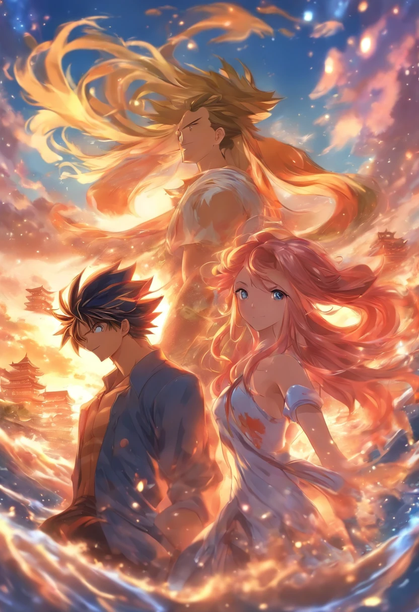 masutepiece, Anime, Best Quality, 2Others, a couple, Mature, Adult, Height difference, different fashion, different color, dressed casually, Long sleeves, Smile, Happy, koi, Swirling wind, Blue sky, Man with long hair, Man with light brown hair, Woman with dark hair, Woman with dark hair