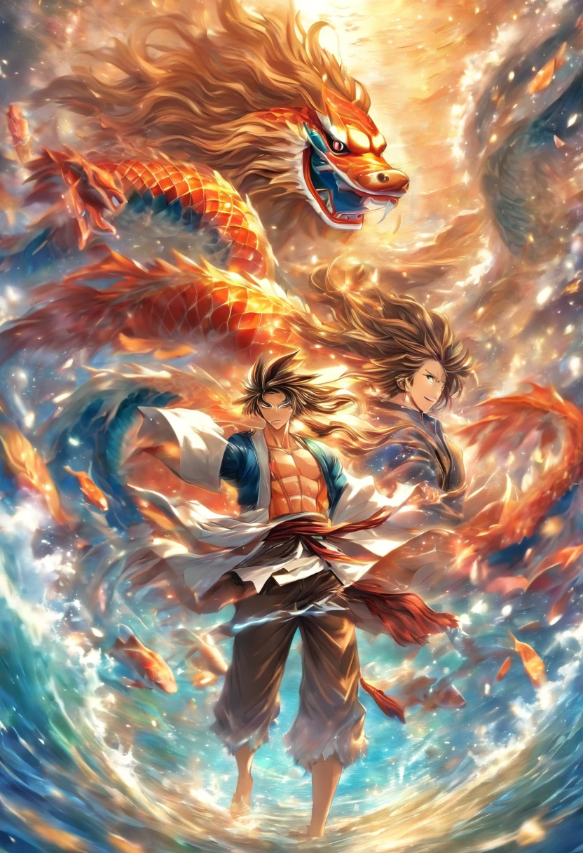 masutepiece, Anime, Best Quality, 2Others, a couple, Mature, Adult, Height difference, different fashion, different color, dressed casually, Long sleeves, Smile, Happy, koi, Swirling wind, Blue sky, Man with long hair, Man with light brown hair, Woman with dark hair, Woman with dark hair