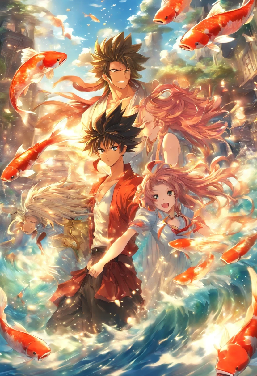 masutepiece, Anime, Best Quality, 2Others, a couple, Mature, Adult, Height difference, different fashion, different color, dressed casually, Long sleeves, Smile, Happy, koi, Swirling wind, Blue sky, Man with long hair, Man with light brown hair, Woman with dark hair, Woman with dark hair