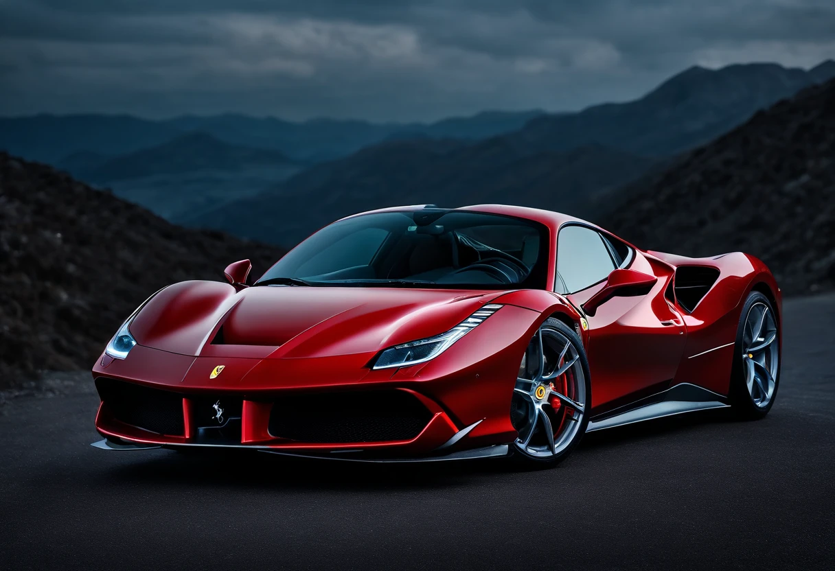 (Best quality, 8k, Masterpiece :1.2), hyper realistic, cyberpunk, at a mountain, an detailed red Ferrari 488, The blue skyscraper in the background, at night, ((Facing the audience)),