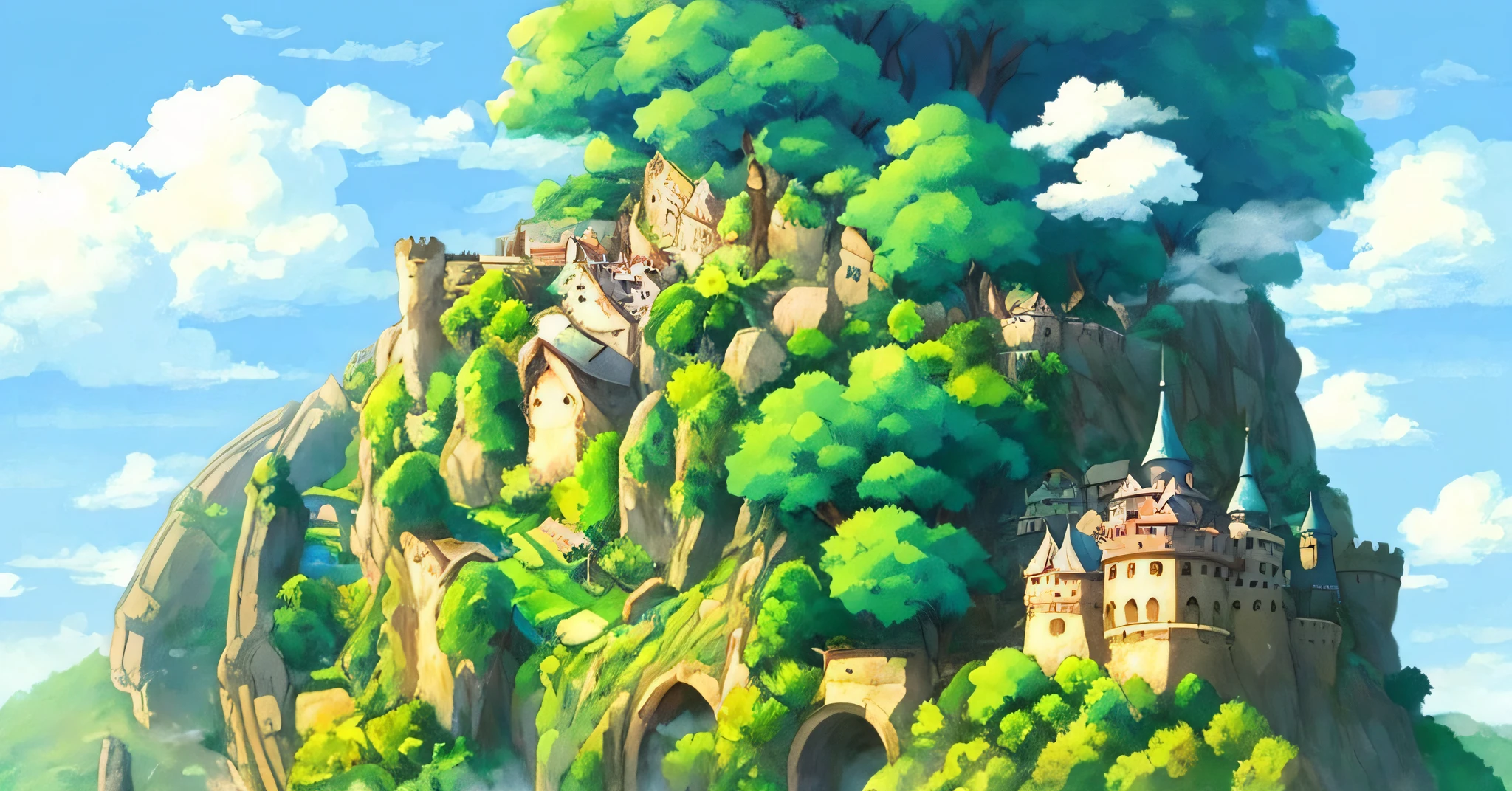 Image of Arafeld of a castle in the sky,There is a tree at the top, castle in the sky style, studio ghibli smooth concept art, Castle in the sky, In Studio Ghibli style, Ghibli Studio Environment, Studio Ghibli concept art, Studio Ghibli programme, in style of hayao miyazaki, howls moving castle, studio ghibli artstyle, style in ghibli anime style