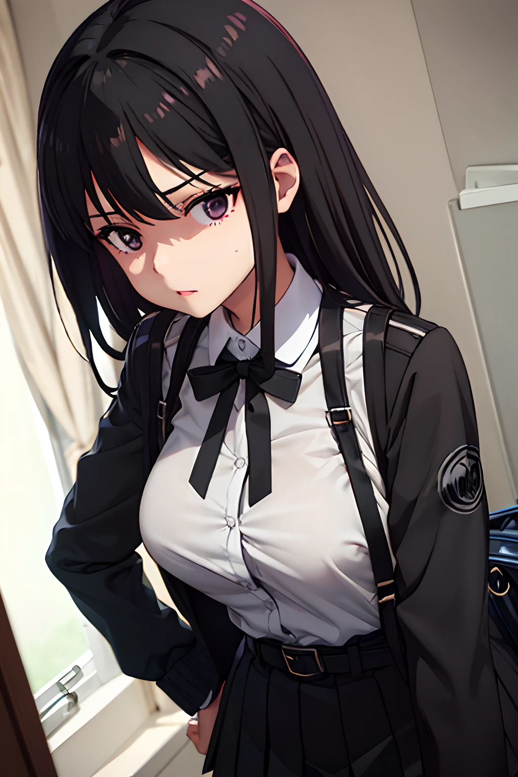 Suit,Collared shirt,Belt bag,Suspenders Black Miniskirt　garterbelts　knee high　Stockings　Black Niso　Colorcon armpit sweat　perspiring　Side of both hands,Black jacket,Gaze,ample bosom,Armpit sweat,Exposing the armpits"Tight clothes、Raise your hands、wristbands　Lying in bed　　　Behind the back