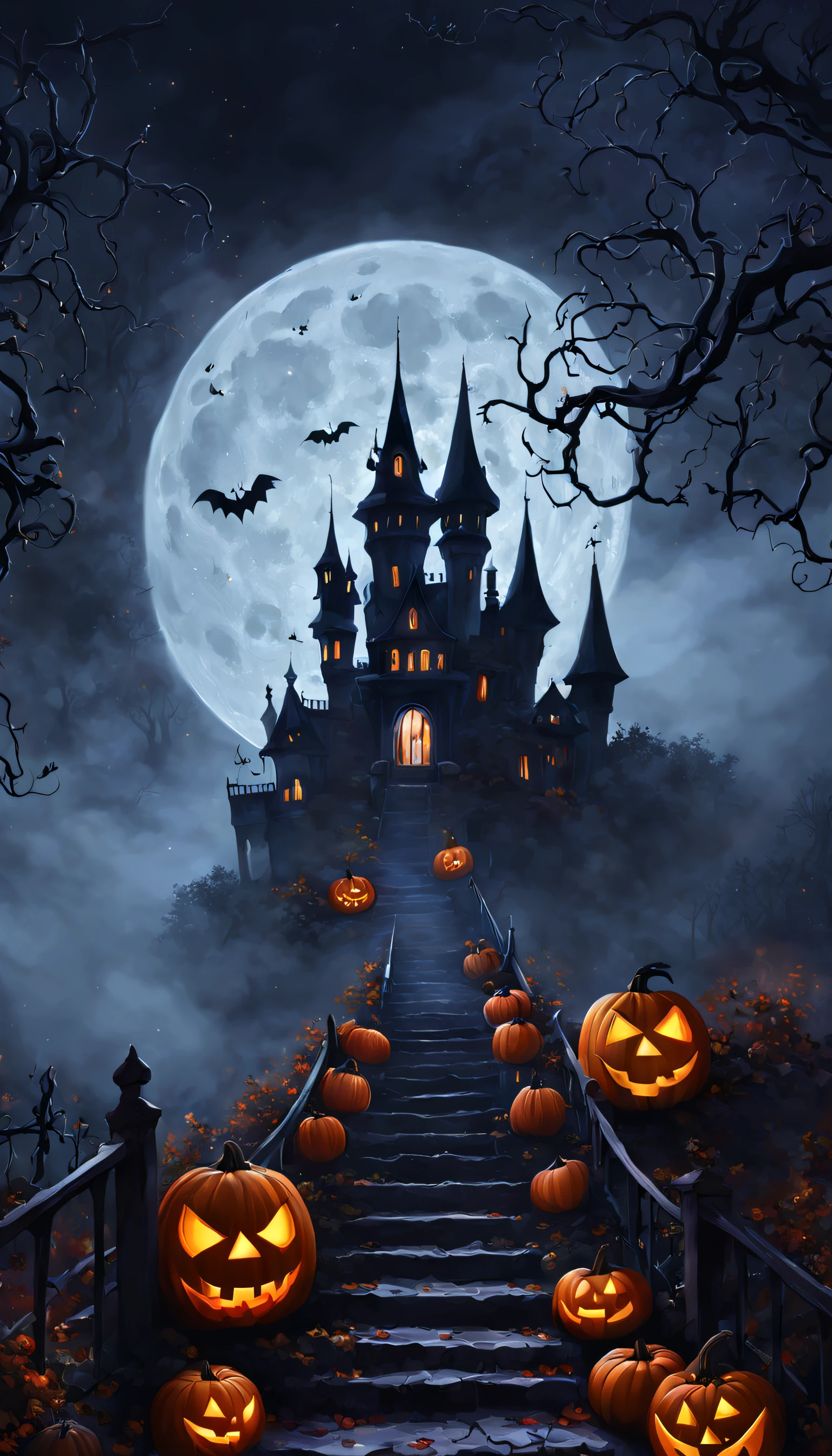 Cenario de Halloween, shining moon, natta, castle, path illuminated by moonlight, halloween, ghastly, dark path, grimdark, Terror