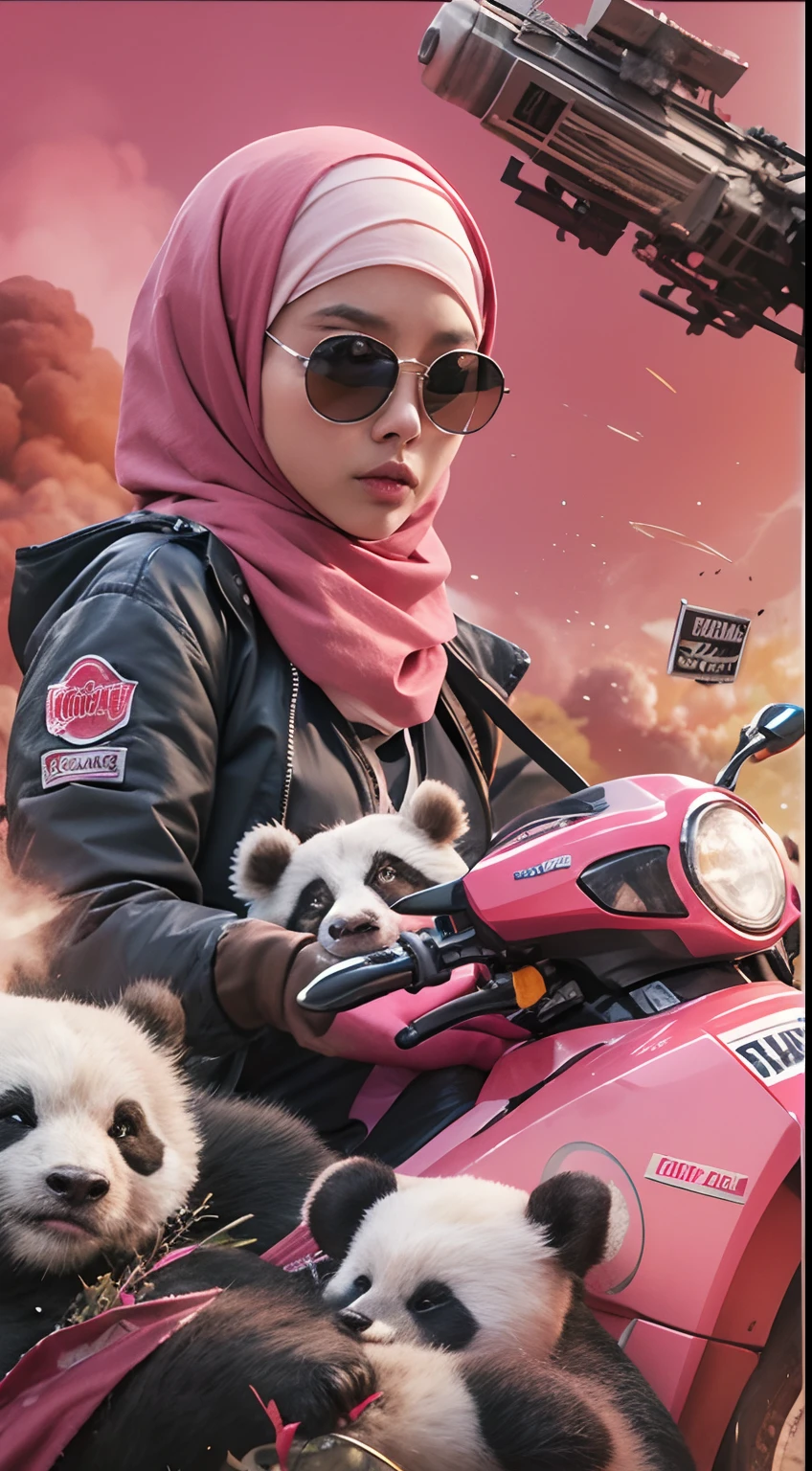 Slim and Medium breasted malay woman in hijab with pink jacket, pink food delivery motorcycle, foodpanda delivery, panda emblem at delivery box, pink delivery box, sunglasses, sci-fi, with gun, explosions behind, lot of explosion, dramatic scene, movie poster,