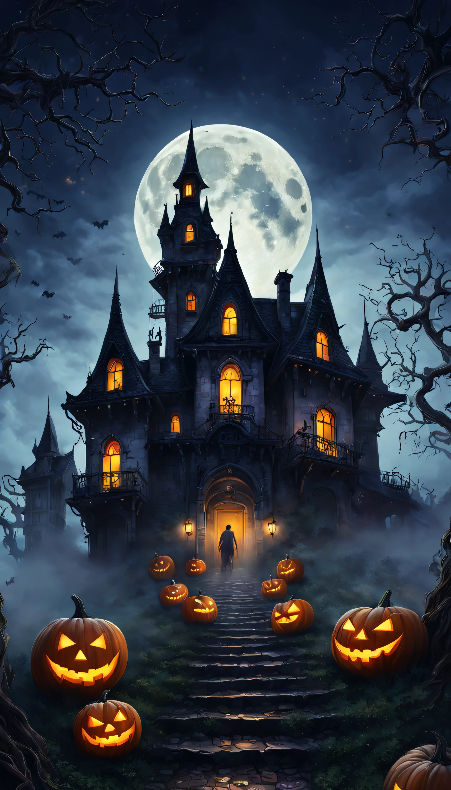 Colorful paintings by Frankstein, Close-up,Numerical vine occlusion，Ghastly，Halloween vibe， Three people shuttled through the fog，Terror Castle，There are monsters around，Sudi House Hotel，Huge Full Moon，full moon，The full moon is centered，Full moon centered around Halloween-themed aesthetics, Nicholas Samori style，filmposter，8K，There are empty seats at the bottom，There are vine decorations，There is a layer of fog near the bottom，There is a starry sky at the top