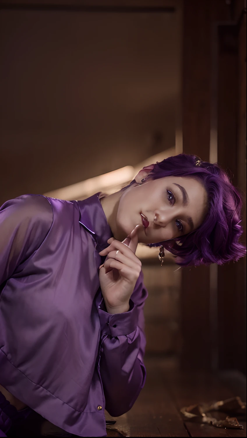 (32k) 16k, 8k, 4k, super fine face, small mouth, lip biting makeup, effeminate, purple hair, purple eyes, high resolution, perfect. Portrait.