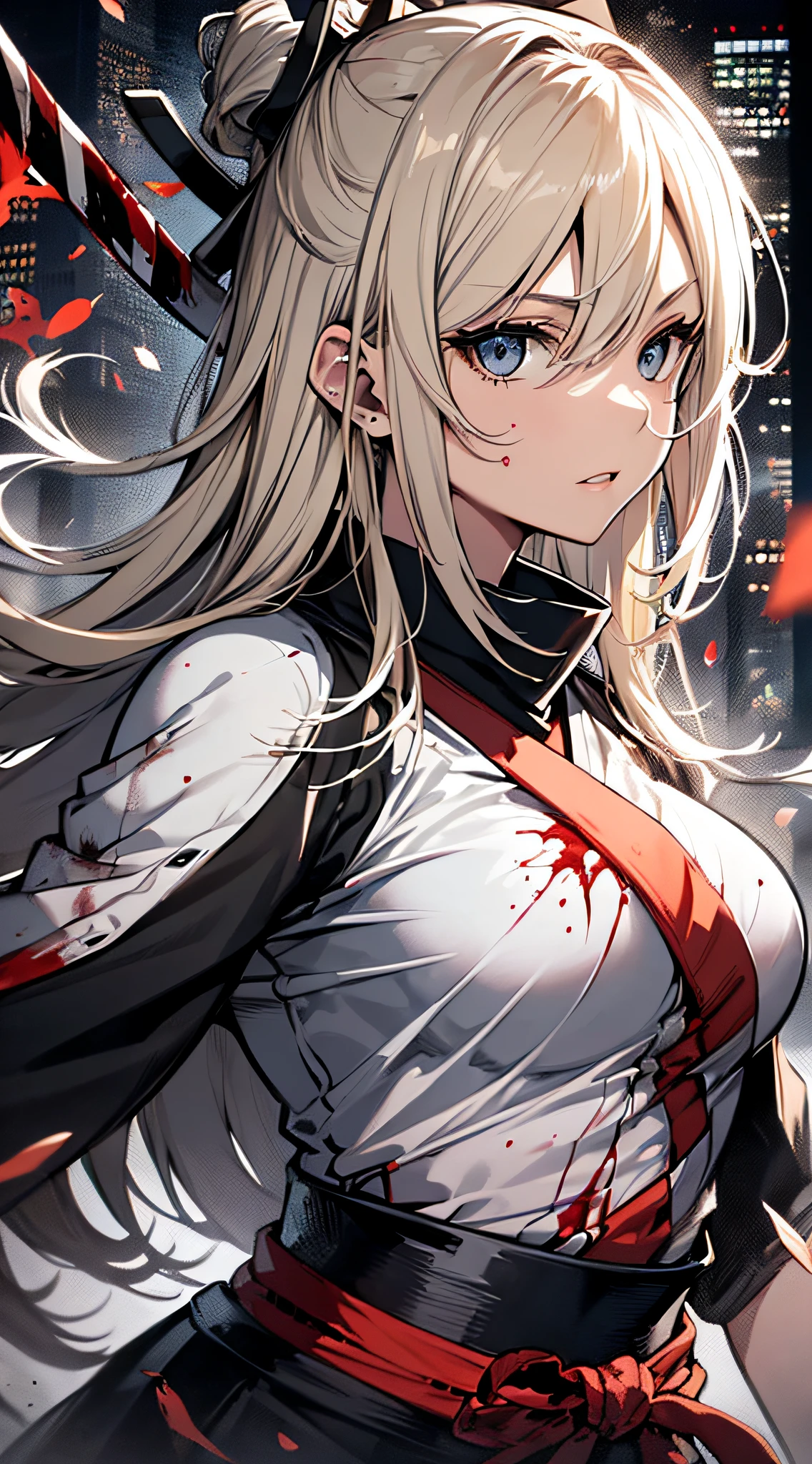 top-quality、Top image quality、masterpiece、girl with((cute little、18year old、Best Bust、Medium bust、Bust 85,Beautiful blue eyes、Breasts wide open,Blonde long hair、A slender、Black Samurai Costume、Murderous face,Holding a Japan sword with both hands、Fluttering hair、black and white color scheme、fighting poses、Blood returned to the sword、systemic return blood、A short distance away))hiquality、Beautiful Art、Background with((Black and white world、New York City、Blood splatters on the screen、Mass samurai)),masutepiece、Elaborate design、visualart、depth of fields、The best lighting、highestdetailed、8k,、Art of Kurosawa World