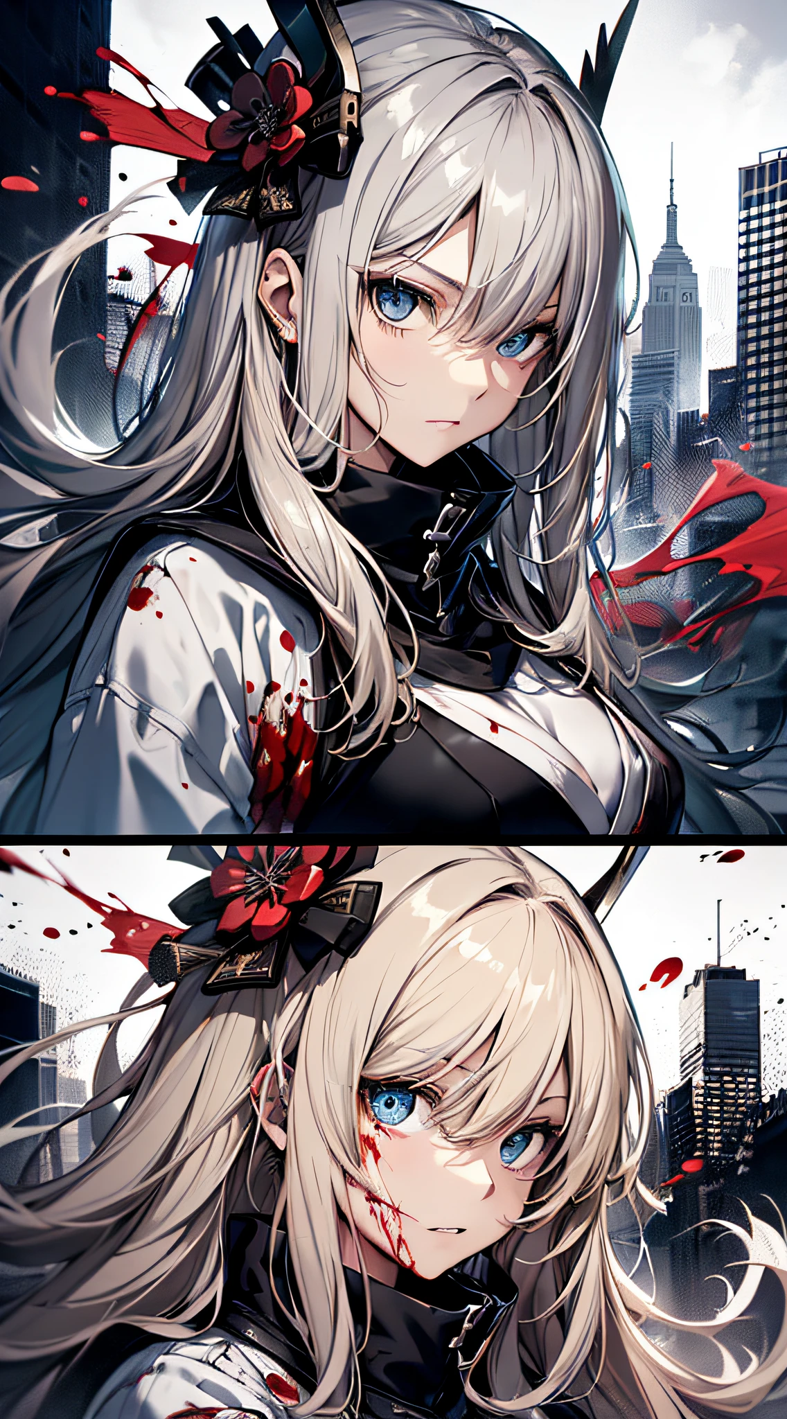 top-quality、Top image quality、masterpiece、girl with((cute little、18year old、Best Bust、Medium bust、Bust 85,Beautiful blue eyes、Breasts wide open,Blonde long hair、A slender、Black Samurai Costume、Murderous face,Holding a Japan sword with both hands、Fluttering hair、black and white color scheme、fighting poses、Blood returned to the sword、systemic return blood、A short distance away))hiquality、Beautiful Art、Background with((Black and white world、New York City、Blood splatters on the screen、Mass samurai)),masutepiece、Elaborate design、visualart、depth of fields、The best lighting、highestdetailed、8k,、Art of Kurosawa World