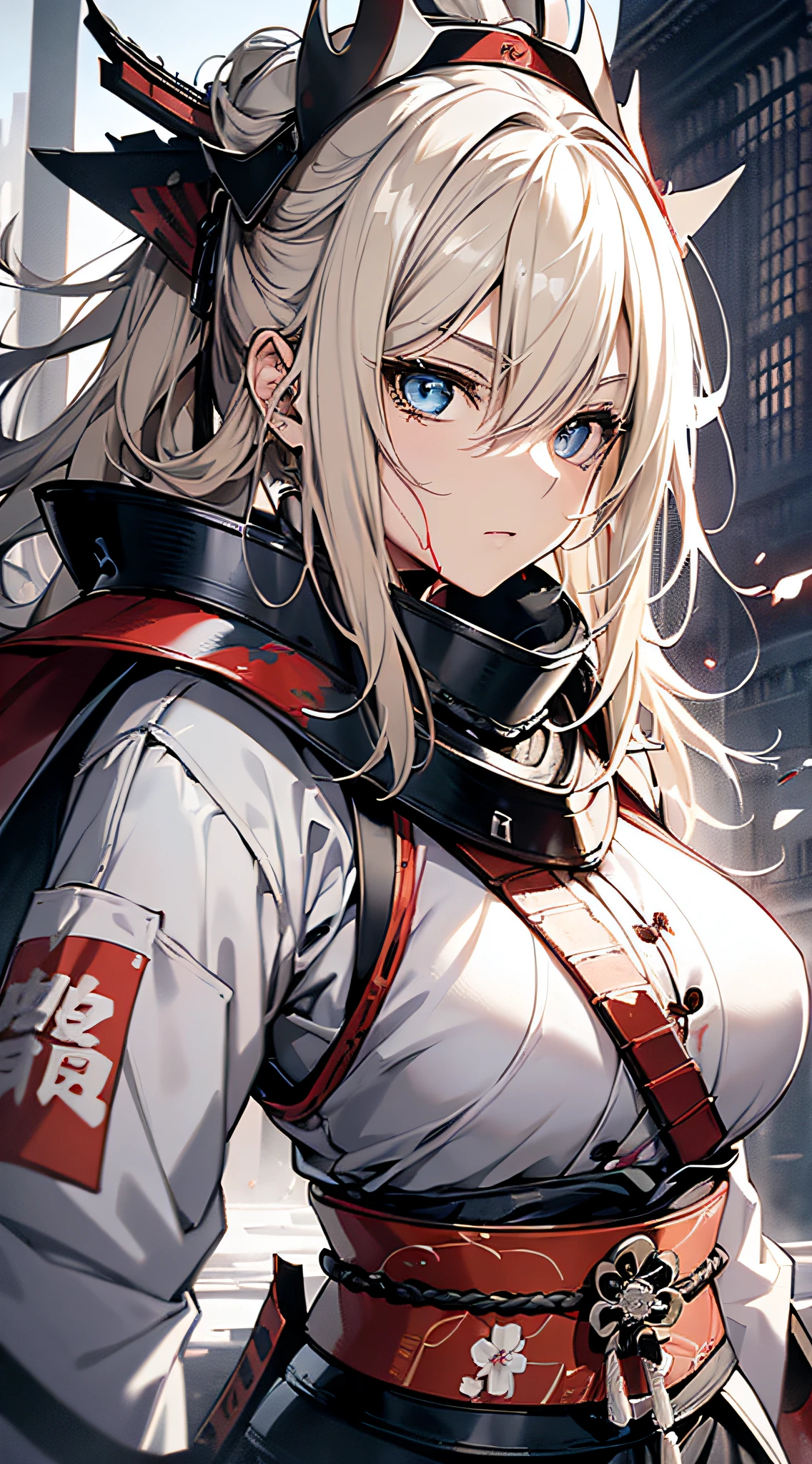 top-quality、Top image quality、​masterpiece、girl with((18year old、Black Samurai Costume、Best Bust、Bust 85、a blond、poneyTail、Red Eyes、open chest wide、Happiness、Return blood、Holding a Japan sword、Blood on the cheeks、Blood comes out of the forehead)）hiquality、visualart、Background with((Black and white world))、Kurosawa Film Style