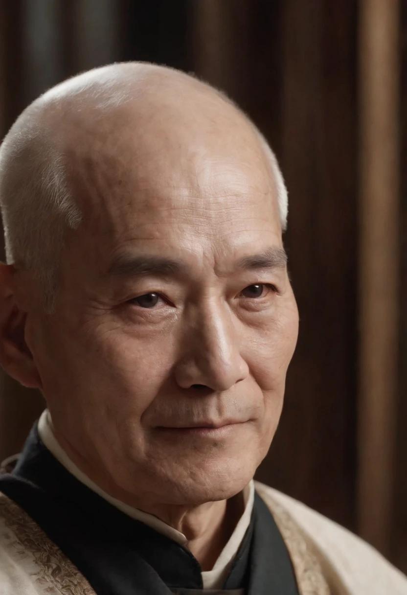 An old man sitting upright,Chinese men,ssmile,Short white hair of the spirit, bald,Medium-sized eyes,The upper part of the body,Bookshelf background,Pipe in hand,Portrait photography style,tmasterpiece,Ultra-unique to engage in professional digital art,Film Washington,Hyper-realistic,photore,Supernatural skin texture,Detailed facial features,8K,Character scale 1:1.5
