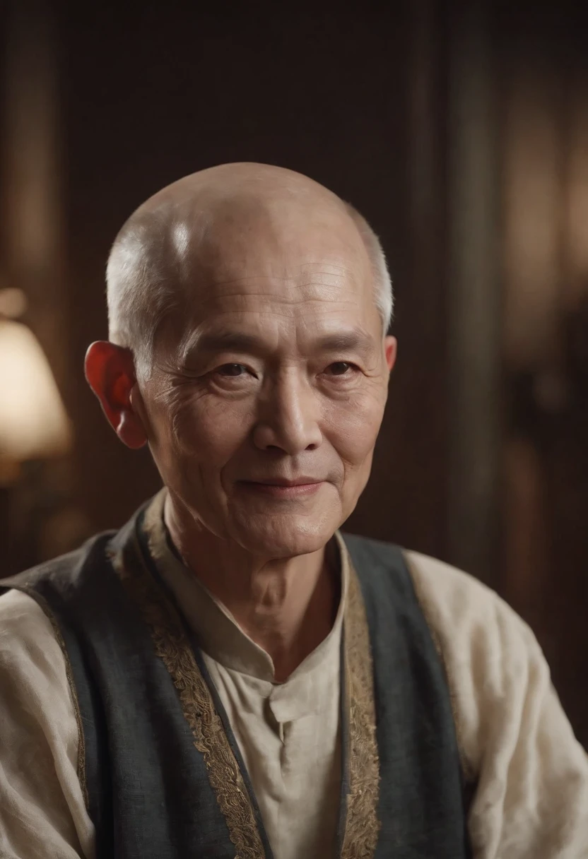 An old man sitting upright,Chinese men,ssmile,Short white hair of the spirit, bald,Medium-sized eyes,The upper part of the body,Bookshelf background,Pipe in hand,Portrait photography style,tmasterpiece,Ultra-unique to engage in professional digital art,Film Washington,Hyper-realistic,photore,Supernatural skin texture,Detailed facial features,8K,Character scale 1:1.5
