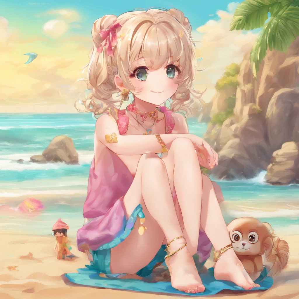 ((Best Quality)), (ultra-detailliert), ((Extremely detailed)), (Beautiful), ((Kawaii Girl)),(two side up hair)、((masutepiece)),Platinum Blonde Hair,Long hair, hair between eye, Wavy Hair, Long sideburns,Jade-colored eyes, White skin,Normal Chest,Slender body,side-tie bikini bottom、Sandals,Sitting,in beach,Look Camera,One Woman,Anime
