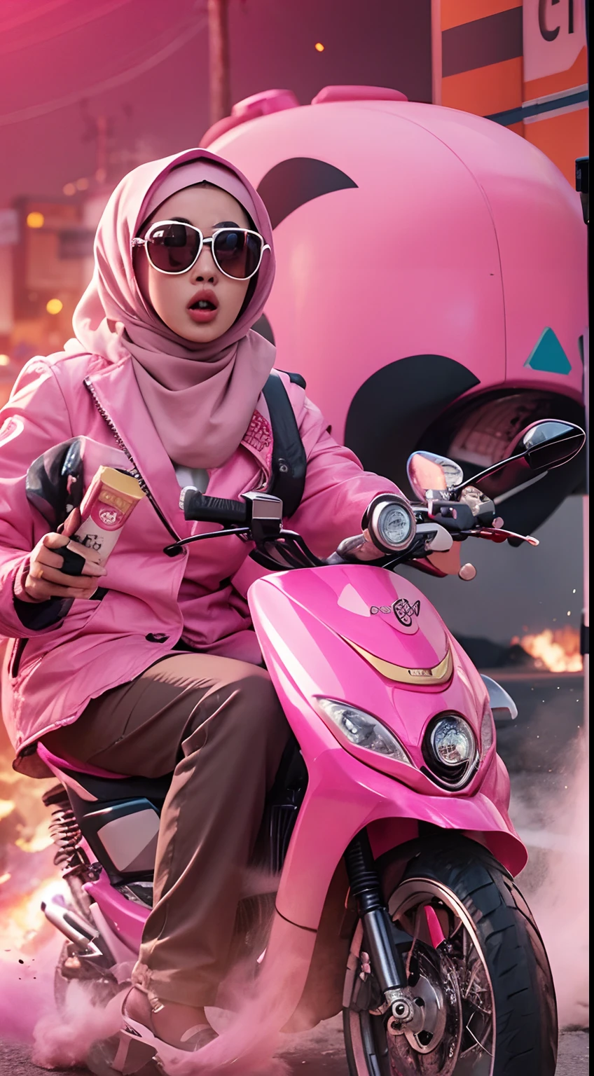 Slim and Medium breasted malay woman in hijab with pink jacket, pink food delivery motorcycle, foodpanda delivery, panda emblem at delivery box, pink delivery box, sunglasses, sci-fi, with gun, explosions behind, lot of explosion, dramatic scene, movie poster,