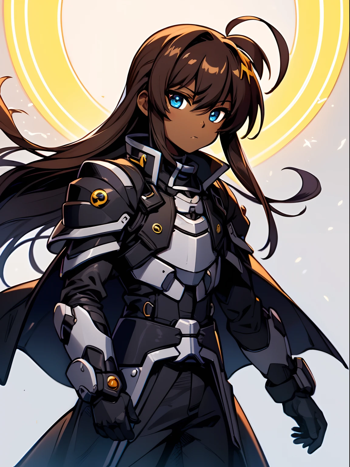 Masterpiece, highres, High quality, Dark skin child, male, medium long dark brown hair, big innocent blue eye's, wearing a black mecha black magical boy black armour, black leggings, trenchcoat coat, (magical girl lyrical nanoha)