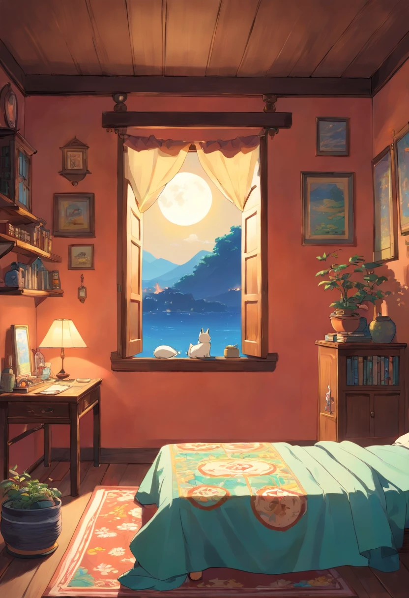 Zhuang style room,There was a little boy sleeping on the bed covered with a quilt,There is a table next to the window,There is a spinning top on the table,Moonlight shines in