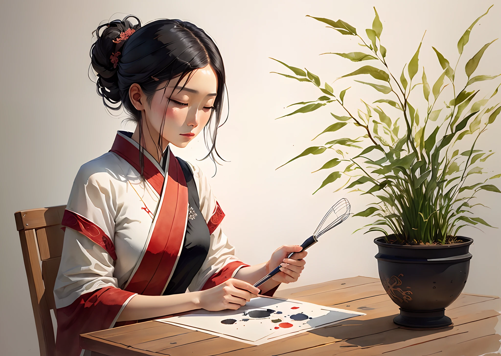 ancient wind,Simple lines,ink and watercolor painting,one-girl,Xianxia,Meditate,Whisk,There is bamboo around