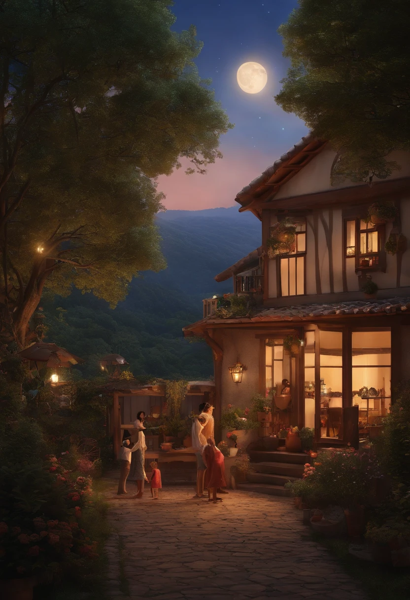 (top-quality、8K、tmasterpiece:1.3)、Top view full moon and stars in sky illustration,The family sits,Mom and dad laugh with the kids,Grandpa and grandma laughed together, Have in the living room、Bright house scene,extremely detailed face and skin,Heartwarming scene,perfect detail