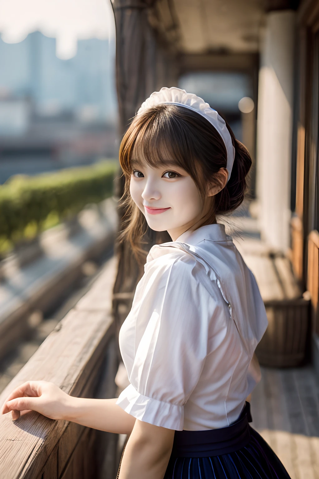 masterpiece、4K、top-quality、beautiful Korean women、detail portrayal、1 girl in、23years old、(Anime Maid:1.2)、open terrace、(filmg, Ilford HP5, 80mm)、 depth of fields、cowboy shot、ssmile、Forward leaning position